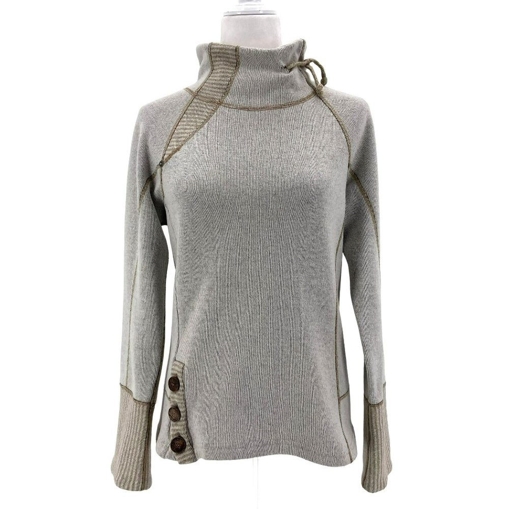 Prana Breathe Stripe Tan Fleeced Lined Cowl Neck Knit Sweater Womens Small